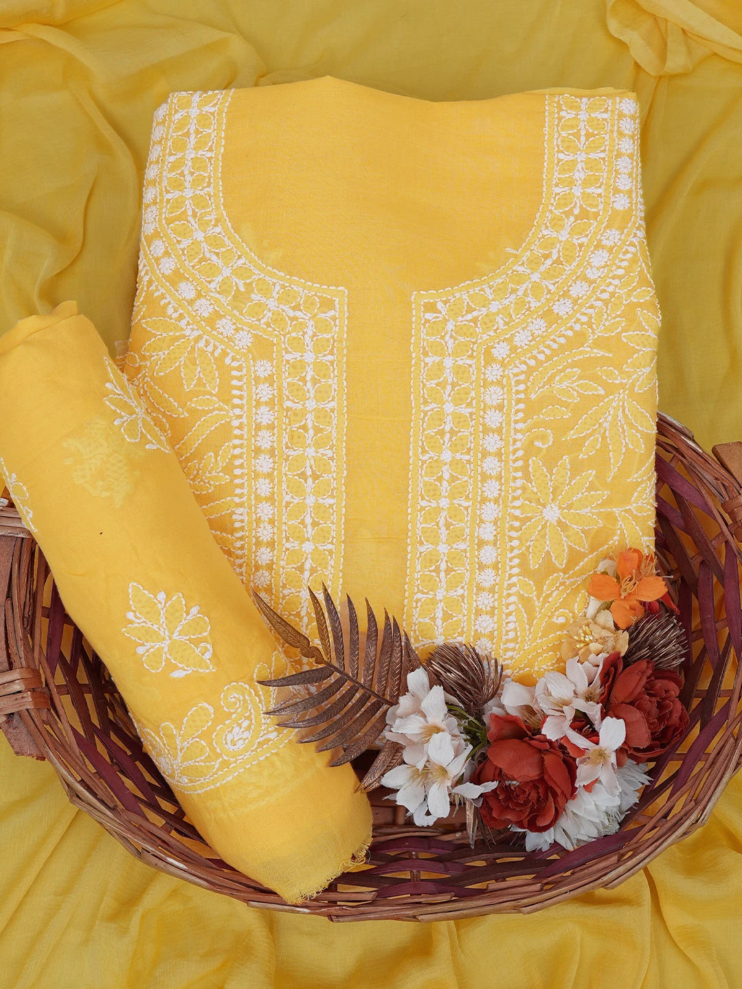 Ada Hand Embroidered Yellow Cotton Lucknowi Chikankari Unstitched Suit Piece 01A746316