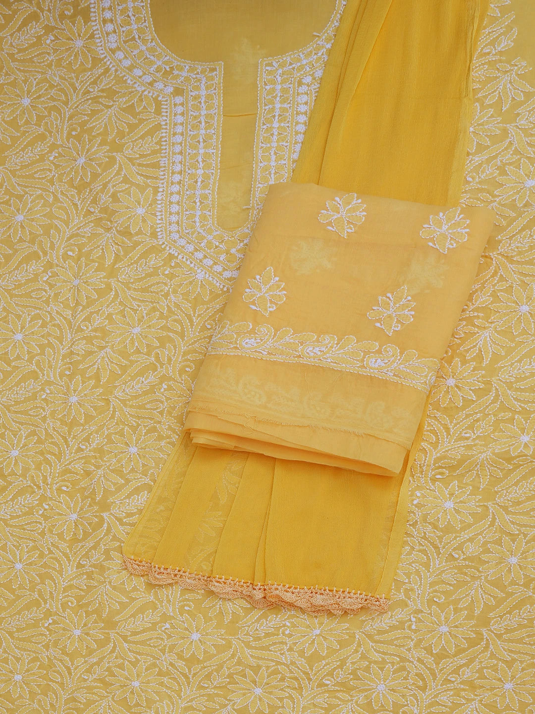 Ada Hand Embroidered Yellow Cotton Lucknowi Chikankari Unstitched Suit Piece 01A746316