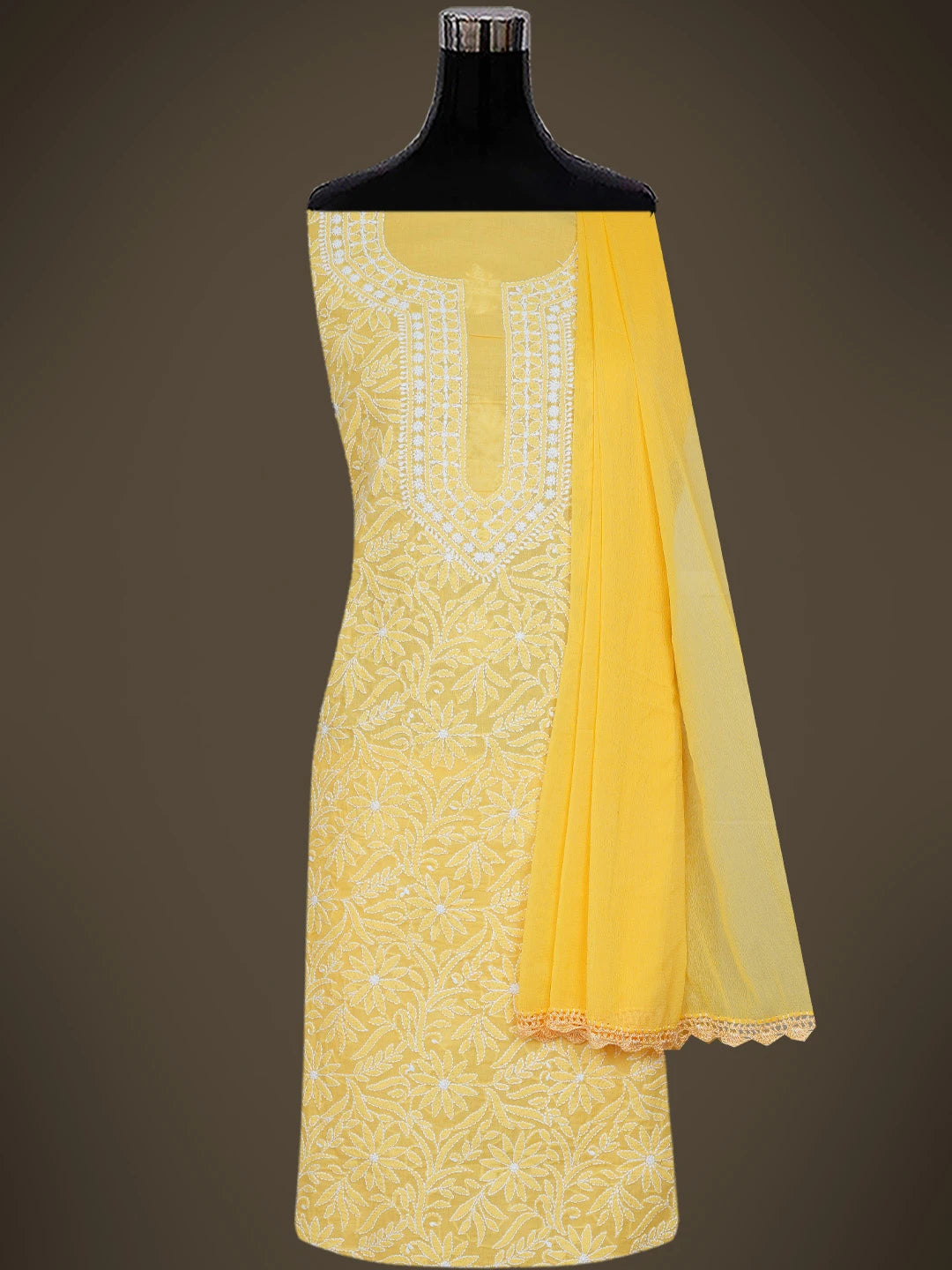 Ada Hand Embroidered Yellow Cotton Lucknowi Chikankari Unstitched Suit Piece 01A746316