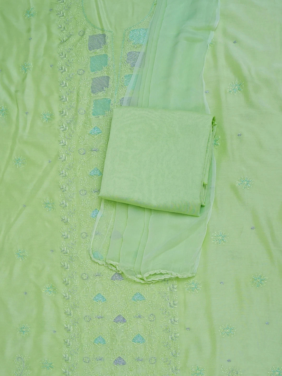 Ada Hand Embroidered Lime Green Muslin Lucknowi Chikankari Unstitched Suit Piece With Cutdana Work 01A746159