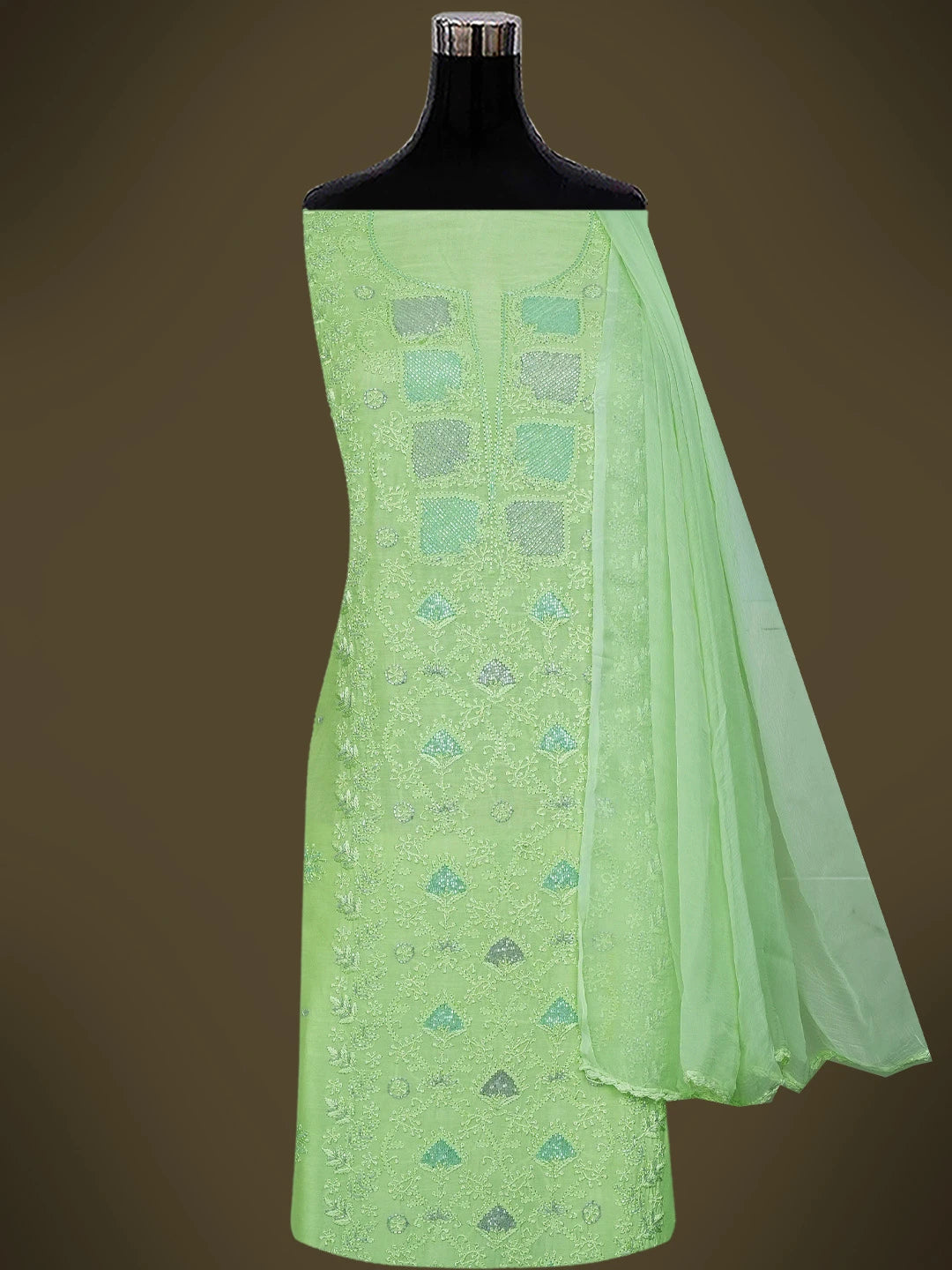 Ada Hand Embroidered Lime Green Muslin Lucknowi Chikankari Unstitched Suit Piece With Cutdana Work 01A746159