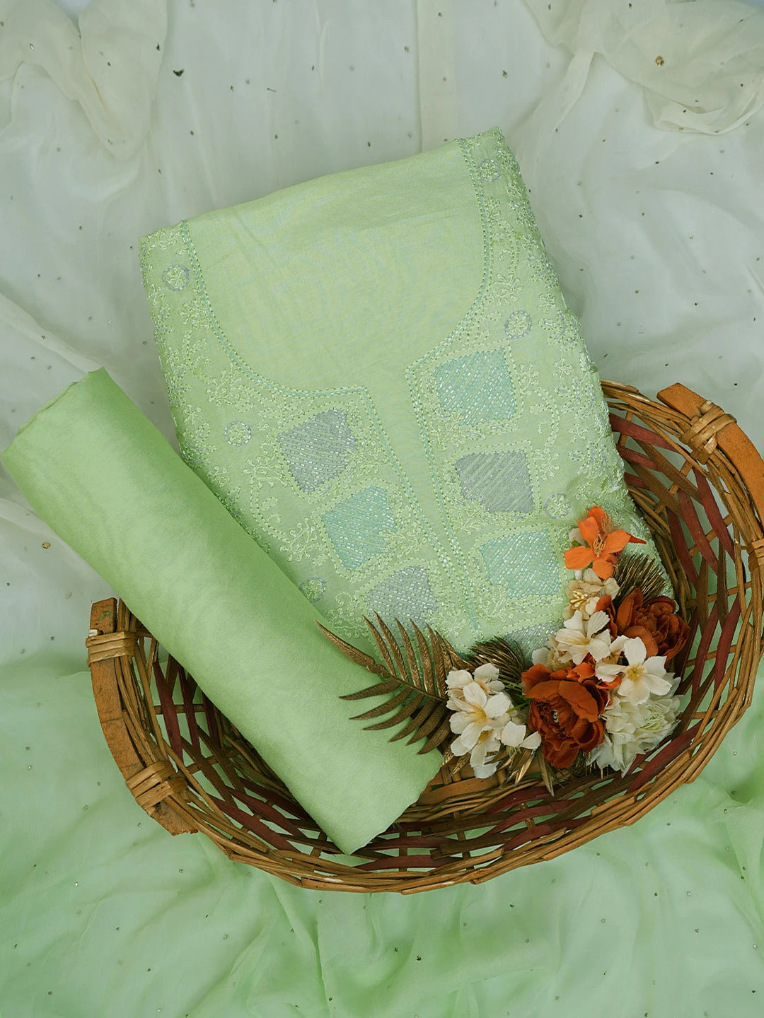 Ada Hand Embroidered Lime Green Muslin Lucknowi Chikankari Unstitched Suit Piece With Cutdana Work 01A746159