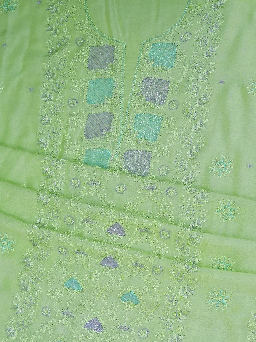 Ada Hand Embroidered Lime Green Muslin Lucknowi Chikankari Unstitched Suit Piece With Cutdana Work 01A746159