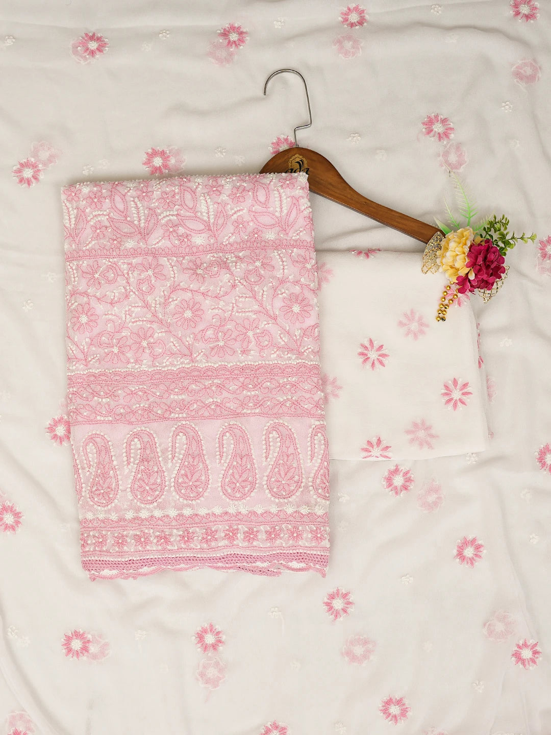 Ada Hand Embroidered Pink Georgette Lucknowi Chikankari Unstitched Suit Piece 01A681210