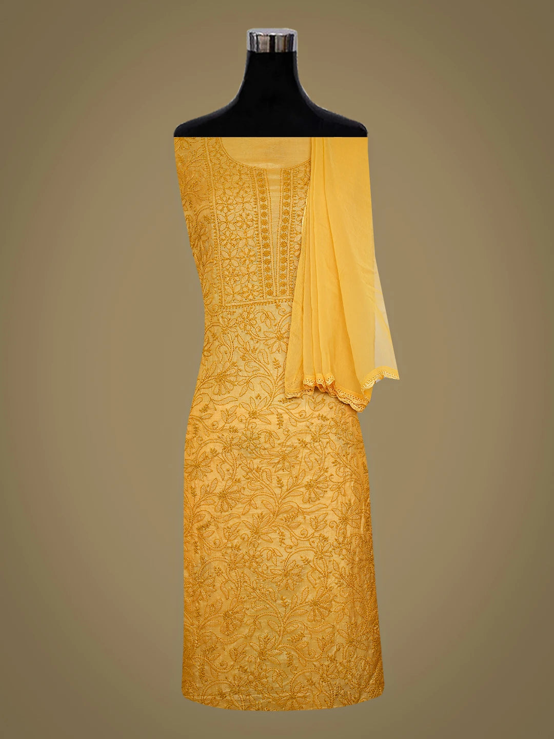 Ada Hand Embroidered Mustard Silk Lucknowi Chikankari Unstitched Suit Piece 01A669300