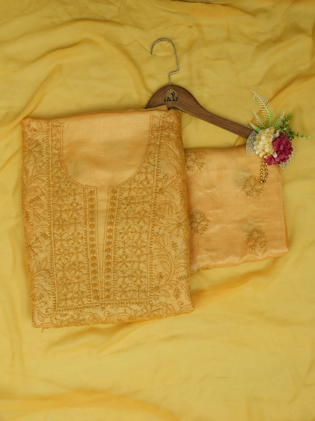 Ada Hand Embroidered Mustard Silk Lucknowi Chikankari Unstitched Suit Piece 01A669300