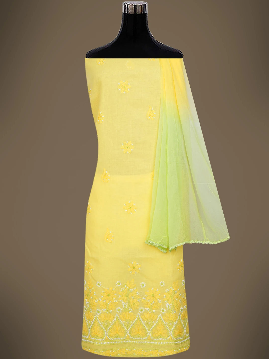 Ada Hand Embroidered Yellow Cotton Lucknowi Chikankari Unstitched Suit Piece 01A724549