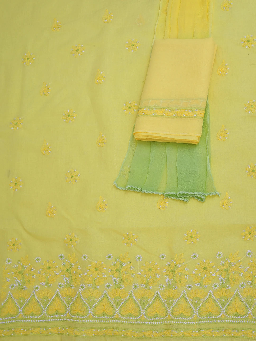 Ada Hand Embroidered Yellow Cotton Lucknowi Chikankari Unstitched Suit Piece 01A724549