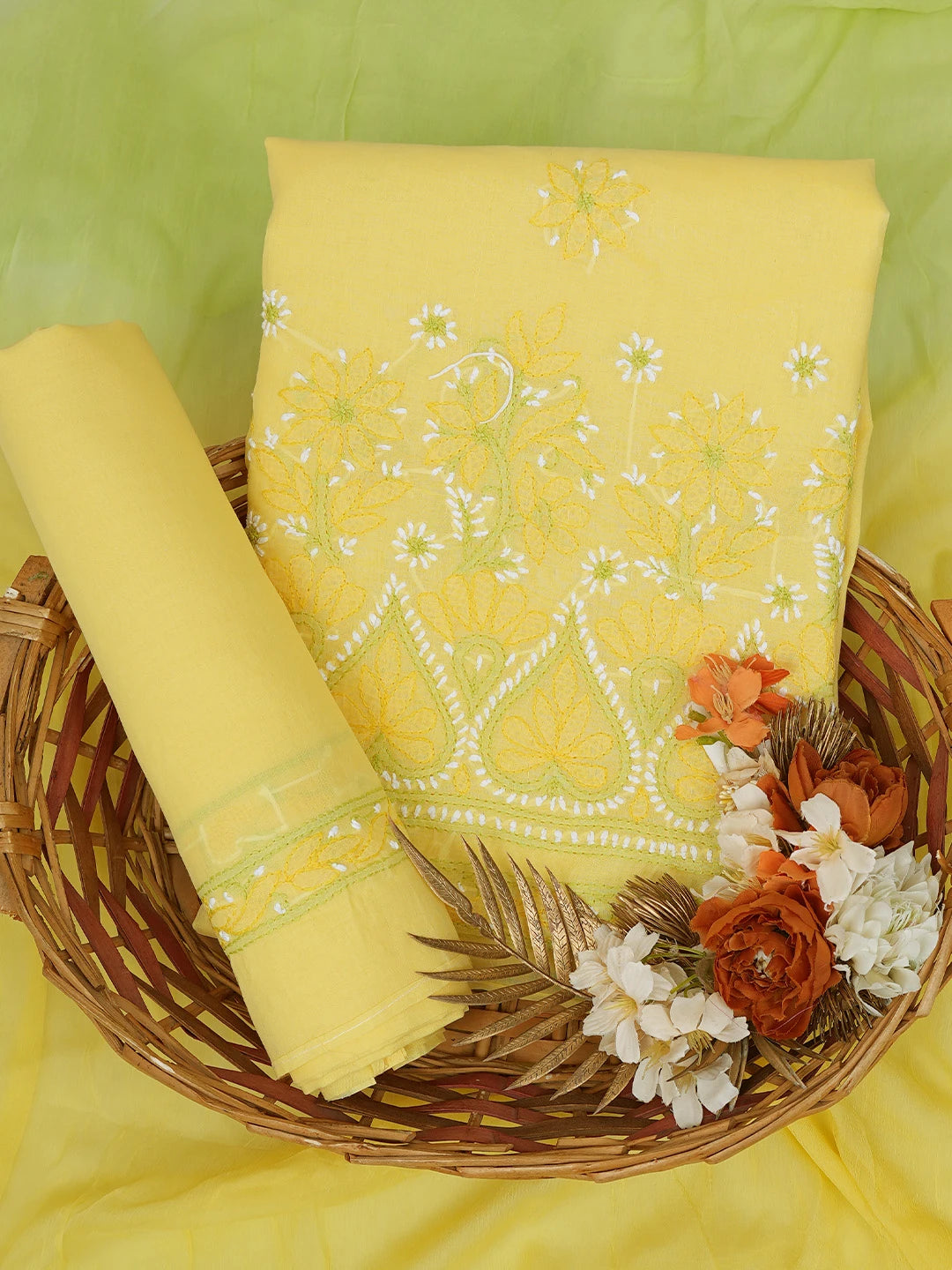 Ada Hand Embroidered Yellow Cotton Lucknowi Chikankari Unstitched Suit Piece 01A724549