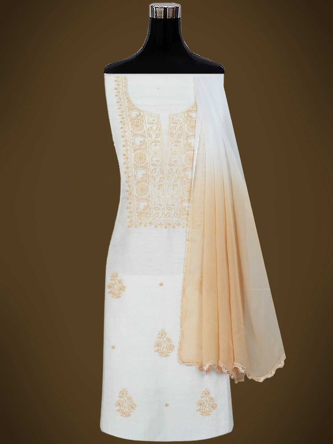 Ada Hand Embroidered White Chanderi Lucknowi Chikankari Unstitched Suit Piece 01A540458