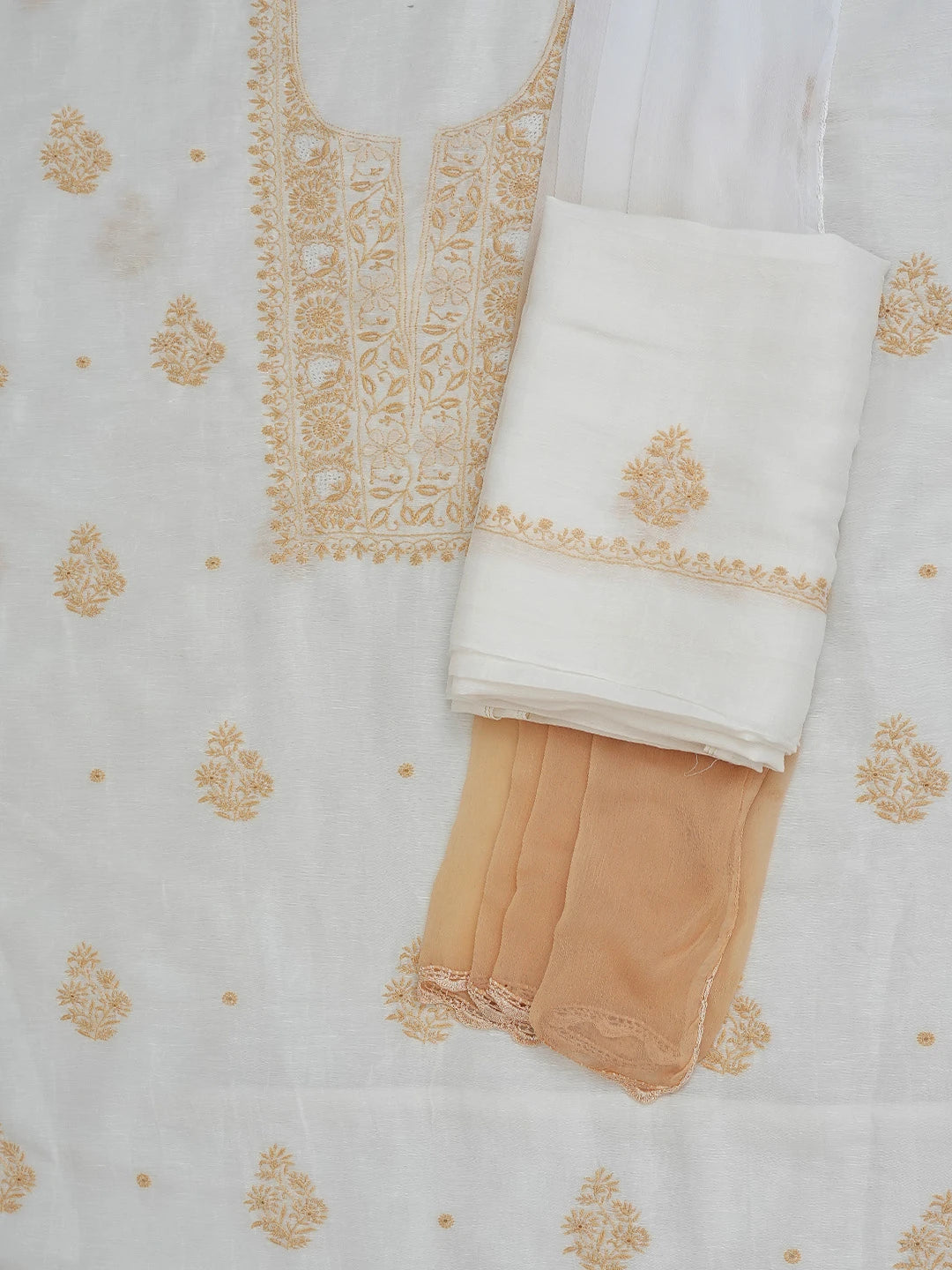 Ada Hand Embroidered White Chanderi Lucknowi Chikankari Unstitched Suit Piece 01A540458