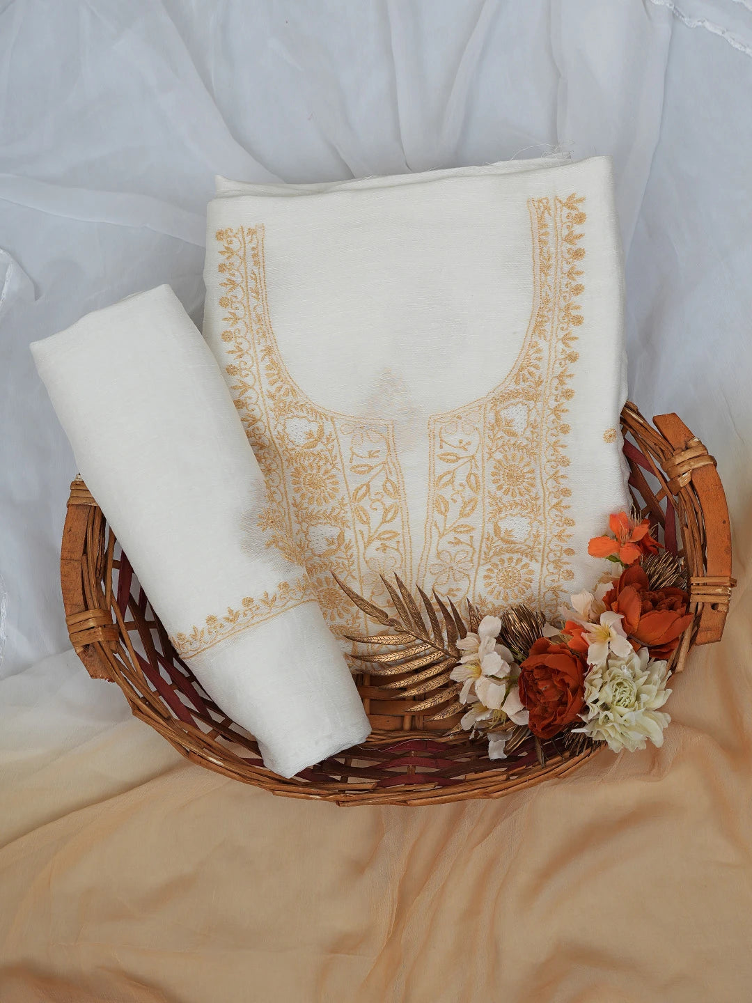 Ada Hand Embroidered White Chanderi Lucknowi Chikankari Unstitched Suit Piece 01A540458