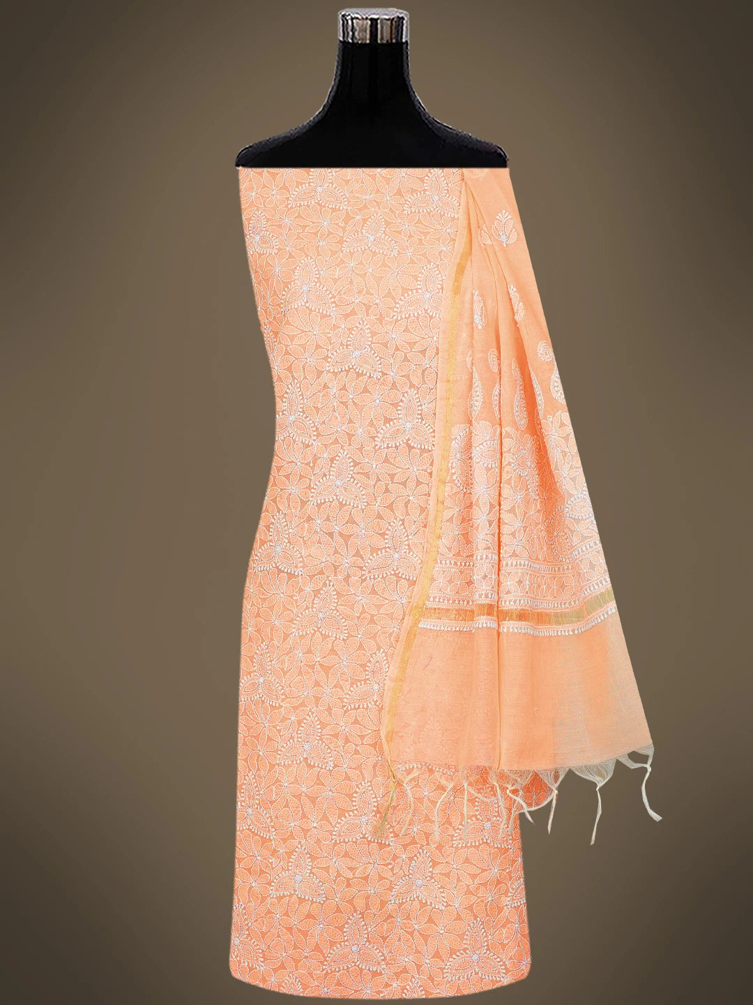 Ada Hand Embroidered Peach Chanderi Lucknowi Chikankari Unstitched Kurta Dupatta Set 01A647431