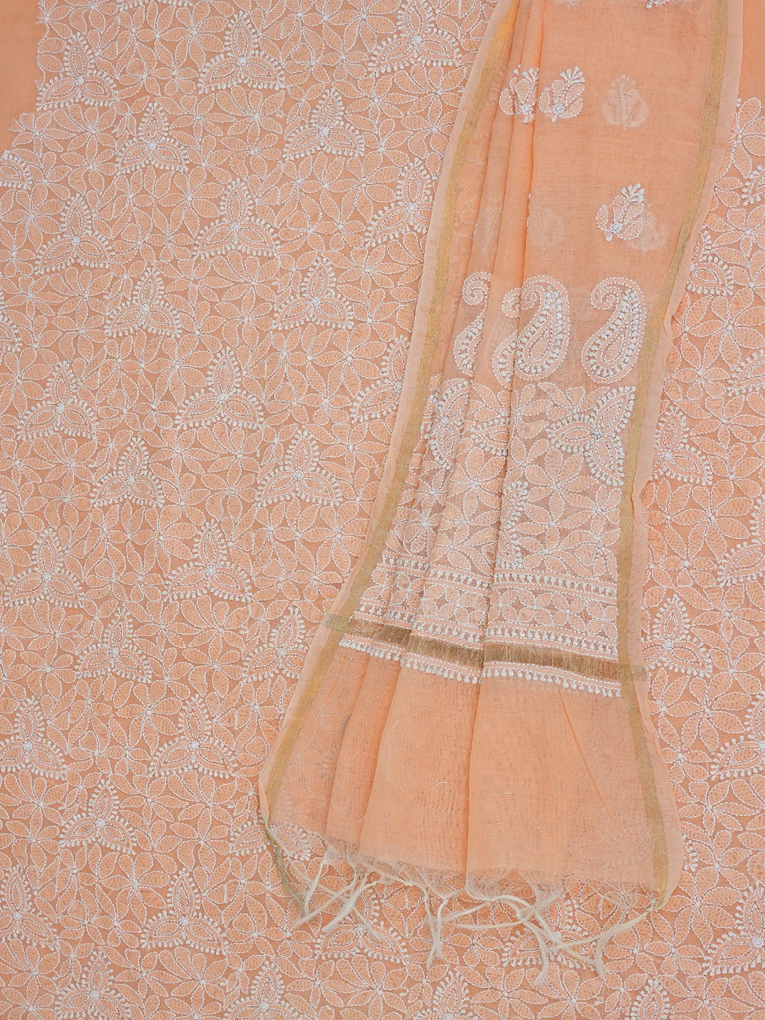 Ada Hand Embroidered Peach Chanderi Lucknowi Chikankari Unstitched Kurta Dupatta Set 01A647431