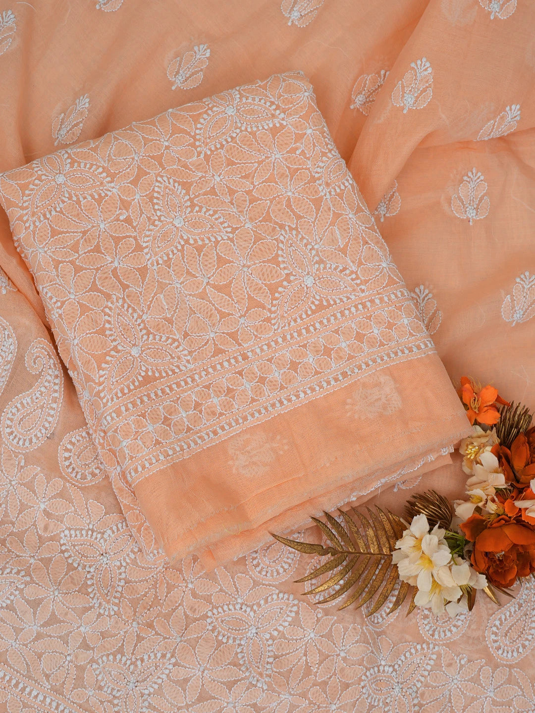 Ada Hand Embroidered Peach Chanderi Lucknowi Chikankari Unstitched Kurta Dupatta Set 01A647431