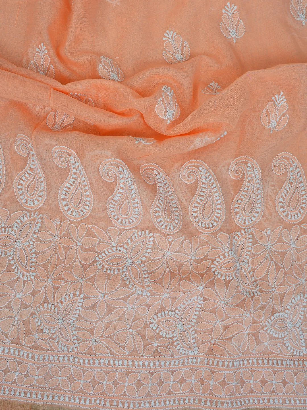 Ada Hand Embroidered Peach Chanderi Lucknowi Chikankari Unstitched Kurta Dupatta Set 01A647431