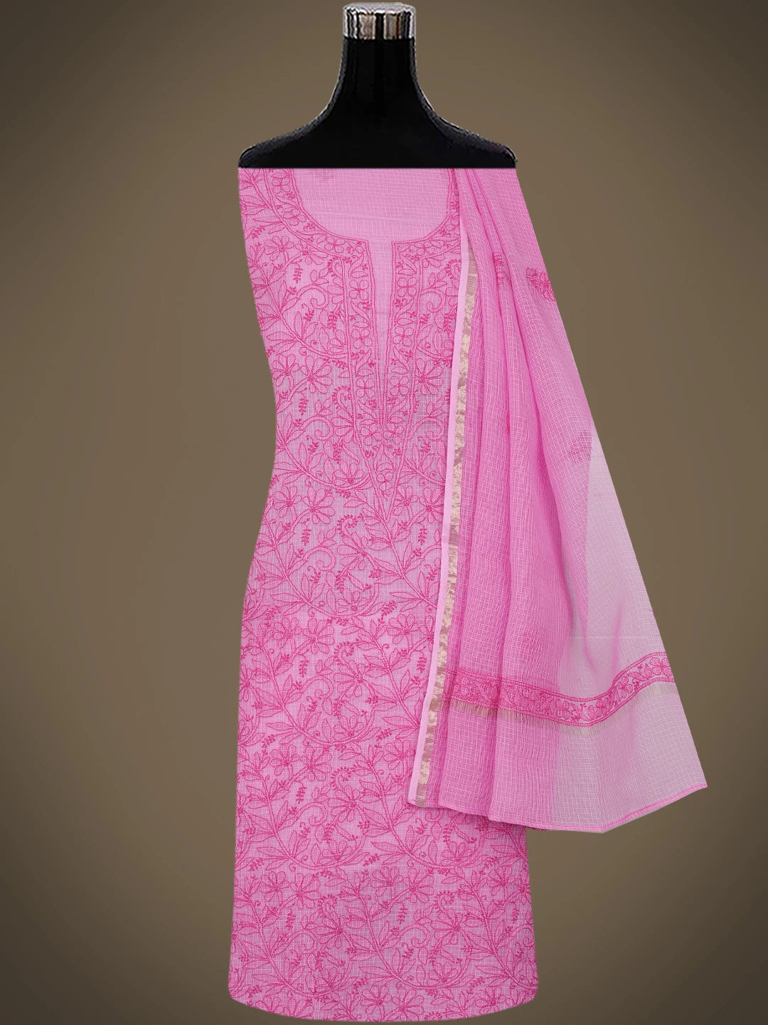 Ada Hand Embroidered Onion Pink Kota Lucknowi Chikankari Unstitched Kurta Dupatta Set 01A681154