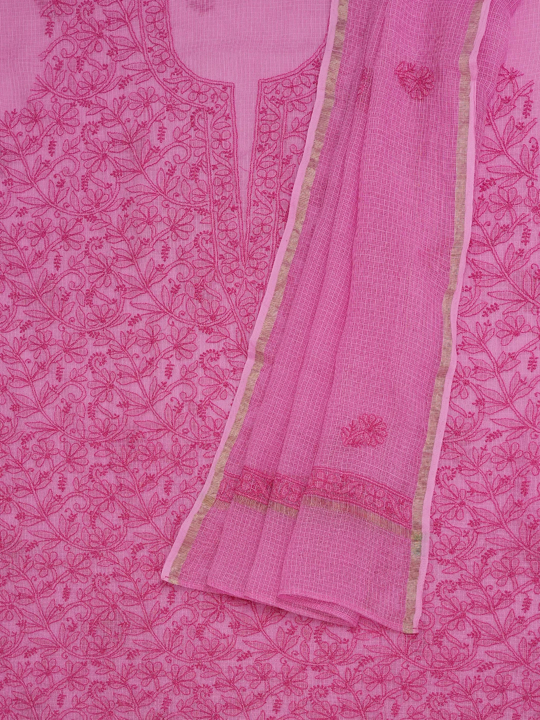 Ada Hand Embroidered Onion Pink Kota Lucknowi Chikankari Unstitched Kurta Dupatta Set 01A681154