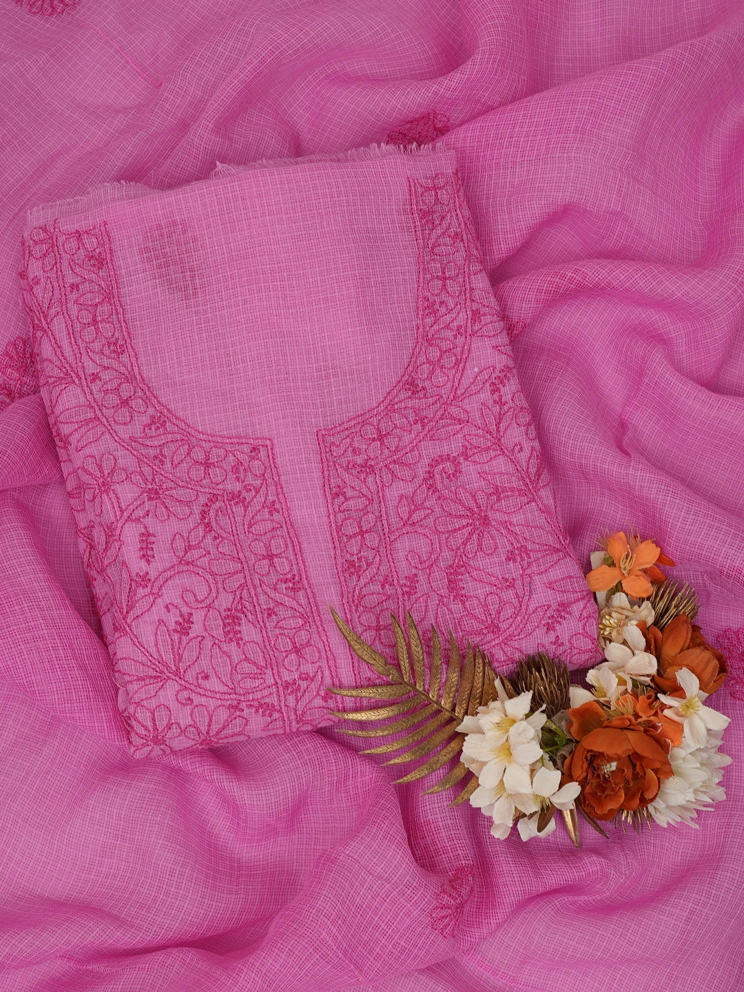 Ada Hand Embroidered Onion Pink Kota Lucknowi Chikankari Unstitched Kurta Dupatta Set 01A681154