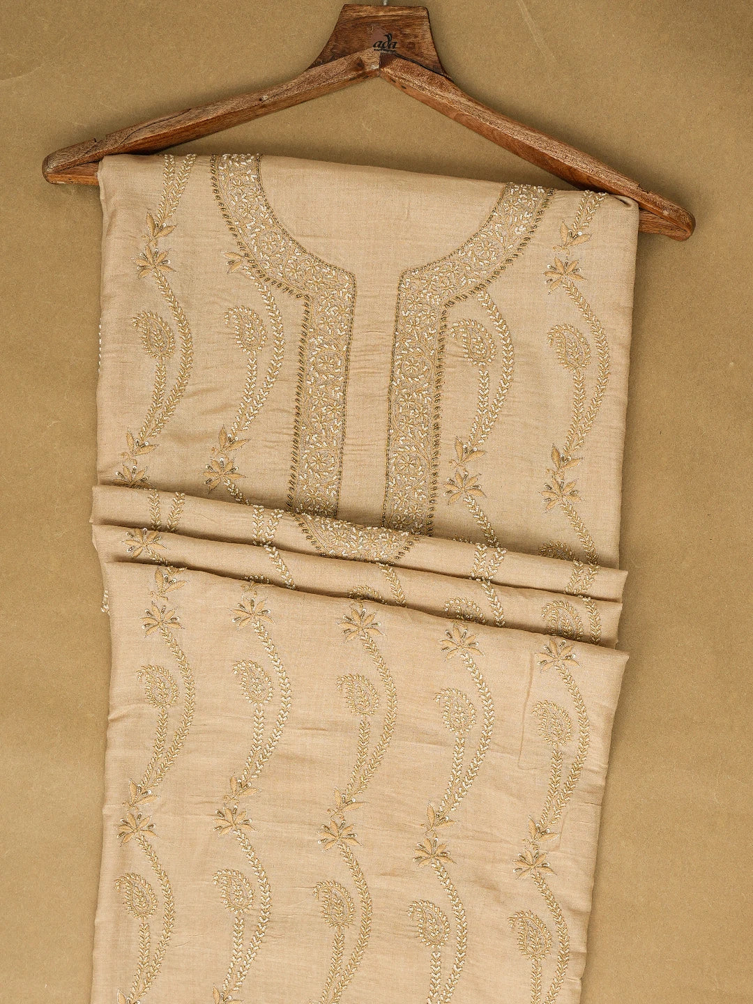 Ada Hand Embroidered Fawn Silk Lucknowi Chikankari Unstitched Men's Kurta Piece 01A170464