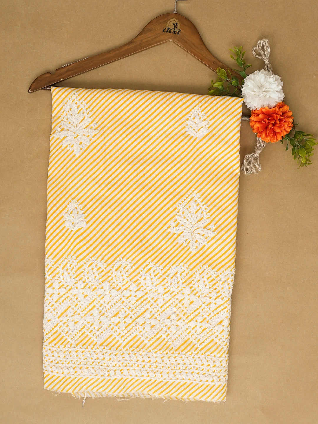 Ada Hand Embroidered White and Yellow Cotton Lucknowi Chikankari Unstitched Kurta Piece 01A654542
