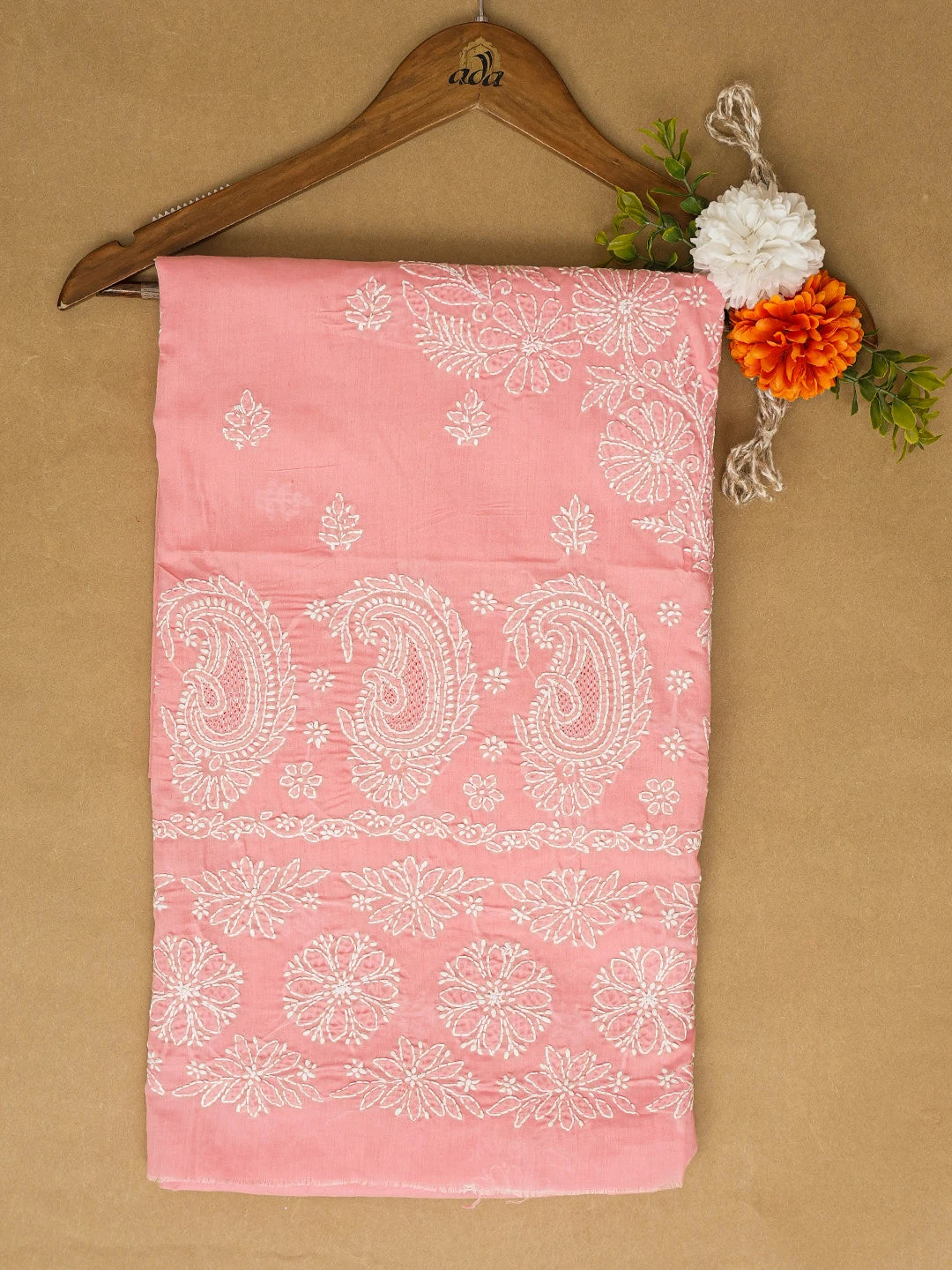 Ada Hand Embroidered Peach Cotton Lucknowi Chikankari Unstitched Kurta Piece 01A712243