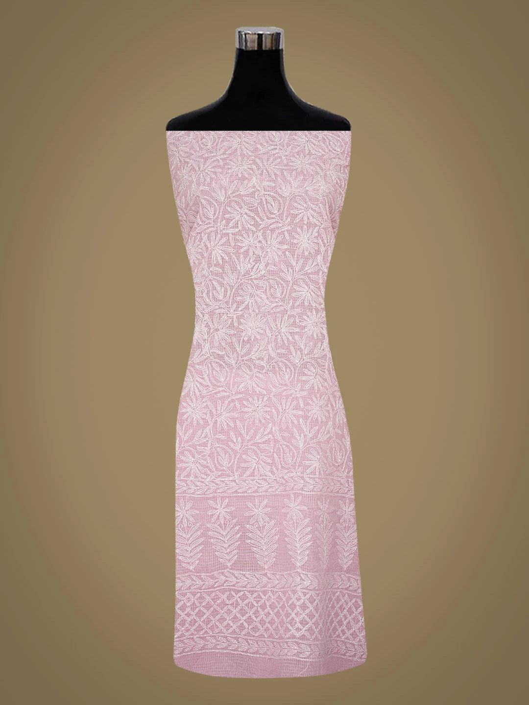 Ada Hand Embroidered Pink Kota Lucknowi Chikankari Unstitched Kurta Dupatta Set 01A751309