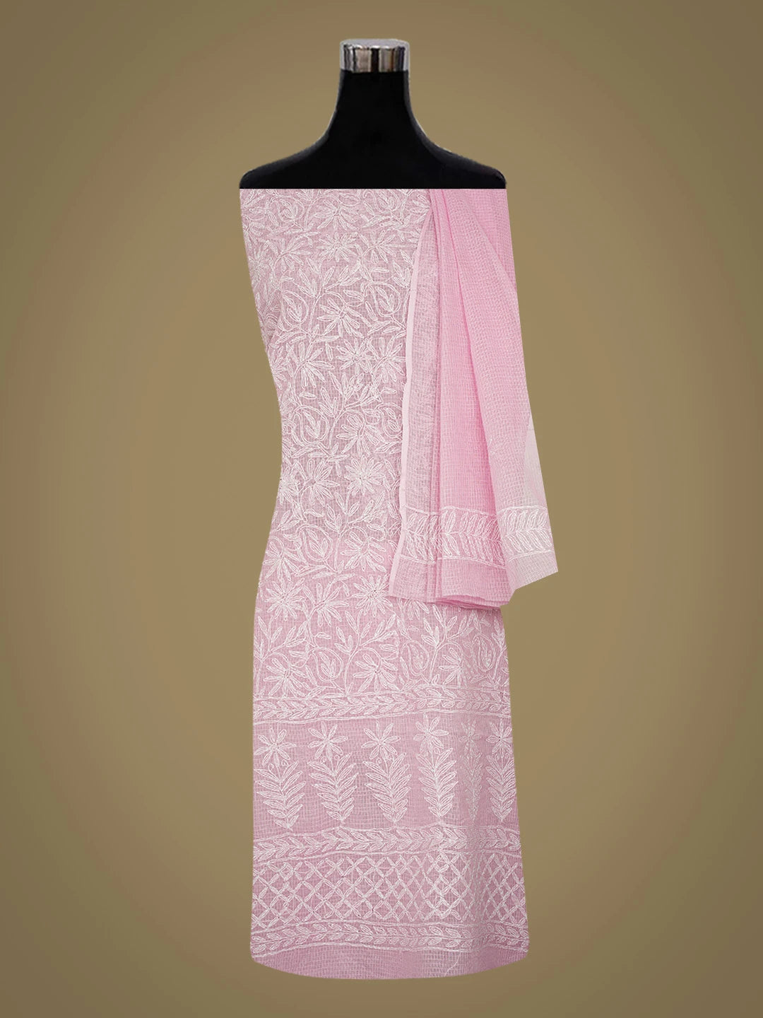 Ada Hand Embroidered Pink Kota Lucknowi Chikankari Unstitched Kurta Dupatta Set 01A751309