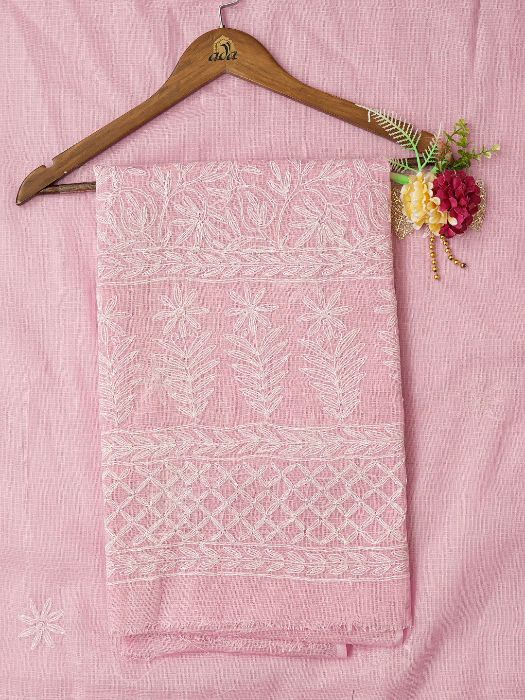 Ada Hand Embroidered Pink Kota Lucknowi Chikankari Unstitched Kurta Dupatta Set 01A751309