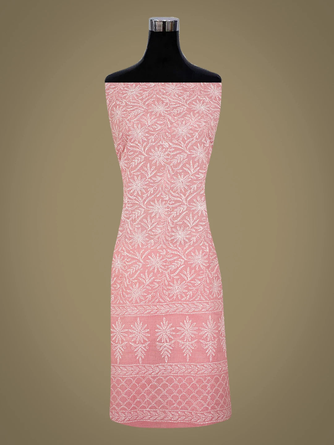 Ada Hand Embroidered Peach Kota Lucknowi Chikankari Unstitched Kurta Dupatta Set 01A751293