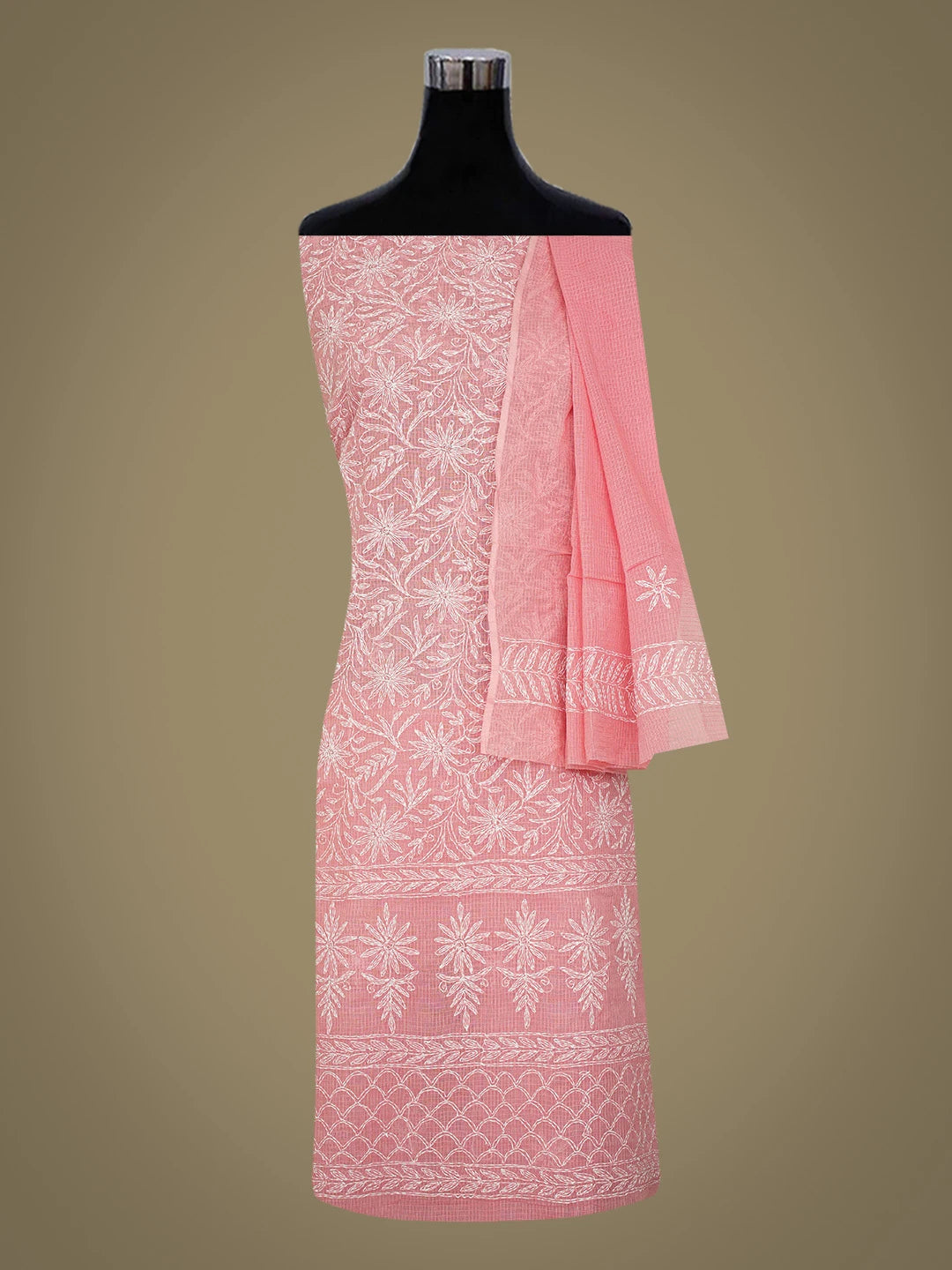 Ada Hand Embroidered Peach Kota Lucknowi Chikankari Unstitched Kurta Dupatta Set 01A751293