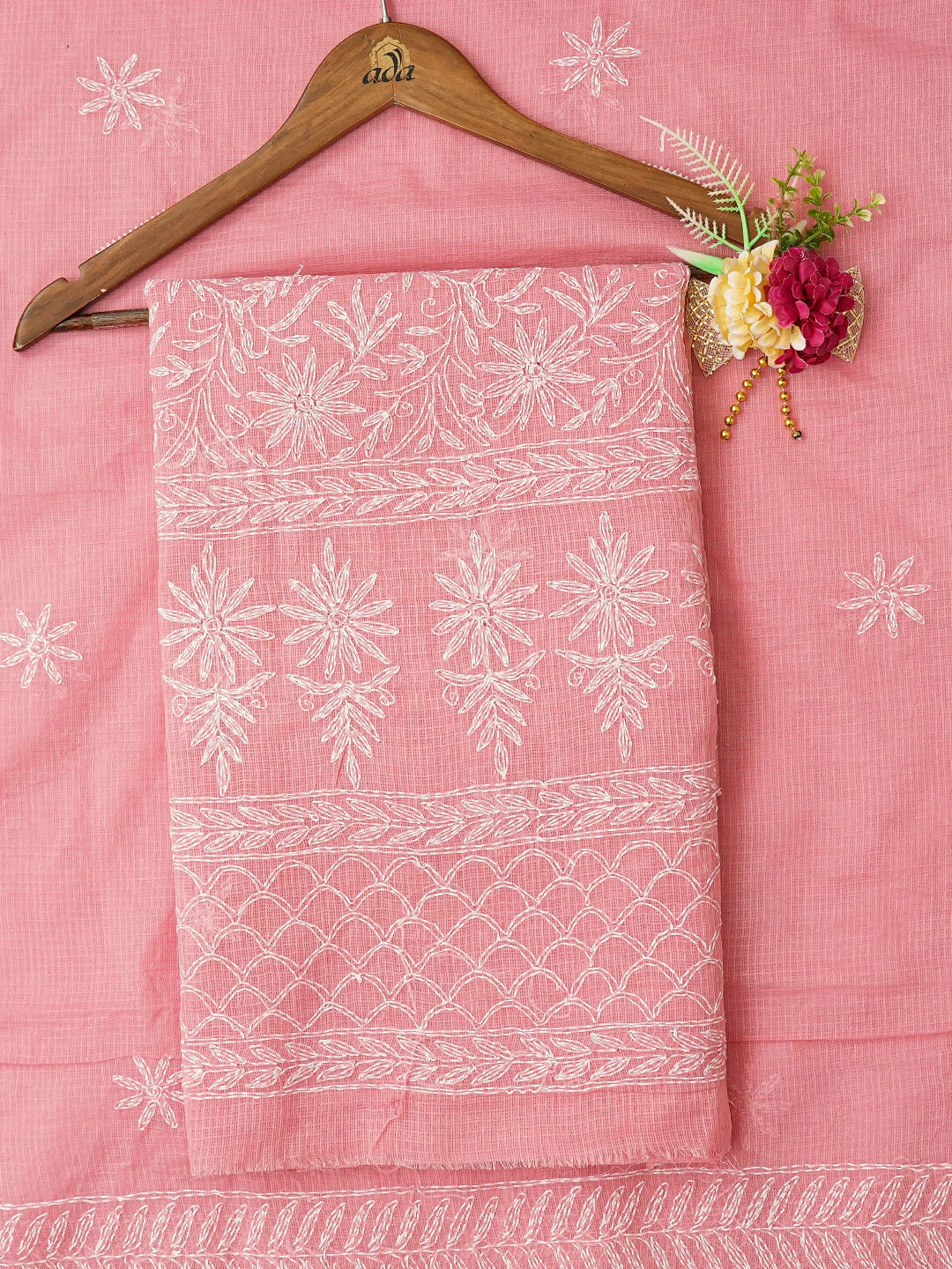 Ada Hand Embroidered Peach Kota Lucknowi Chikankari Unstitched Kurta Dupatta Set 01A751293