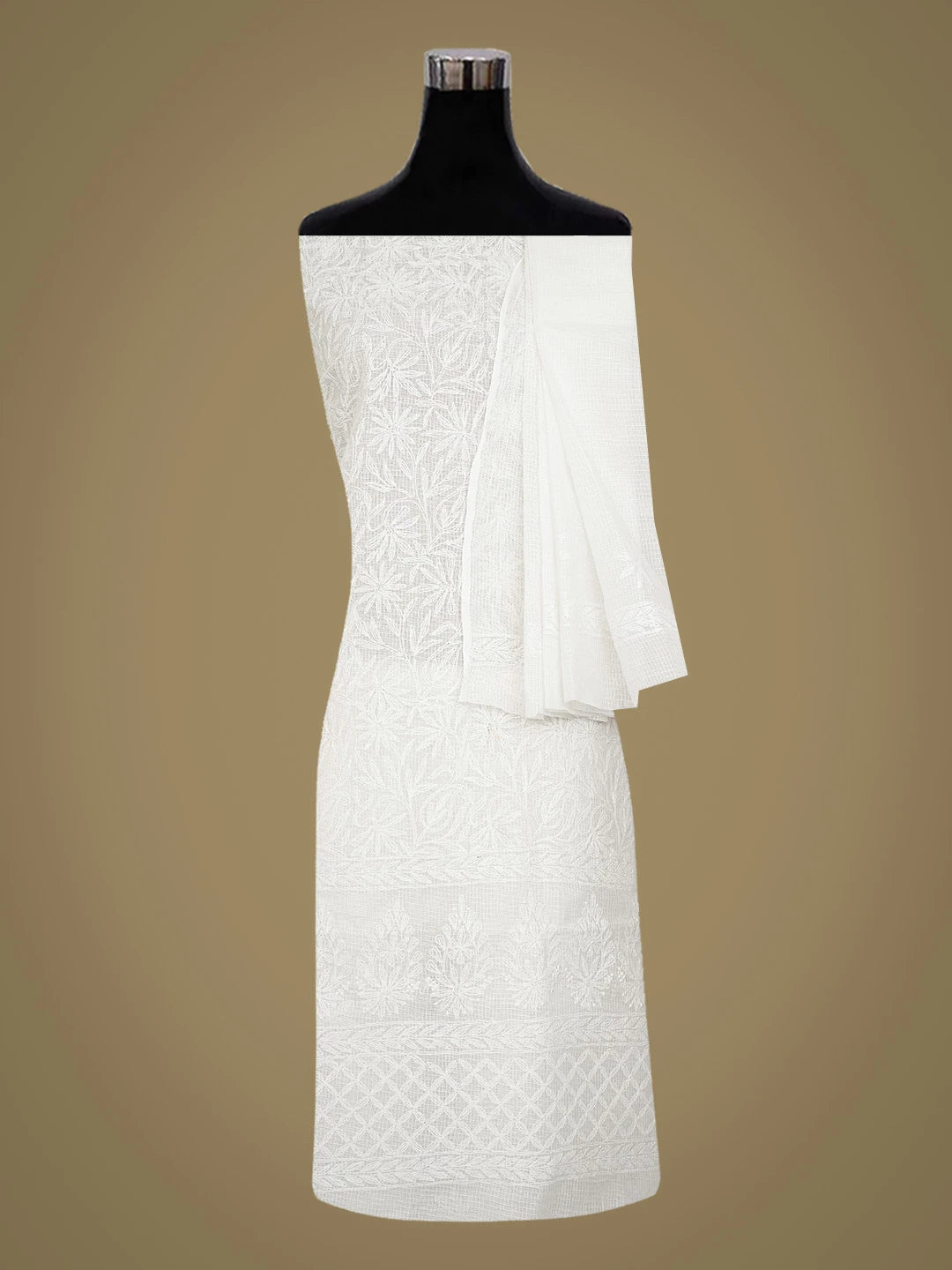 Ada Hand Embroidered White Kota Lucknowi Chikankari Unstitched Kurta Dupatta Set 01A751296