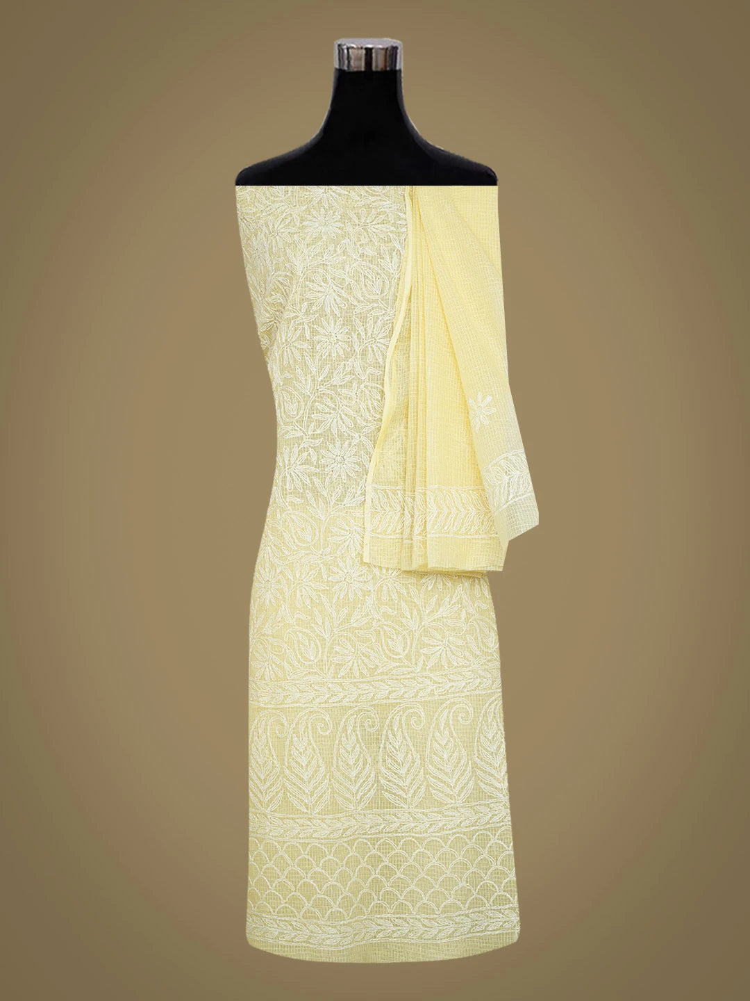 Ada Hand Embroidered Beige Kota Lucknowi Chikankari Unstitched Kurta Dupatta Set 01A751321