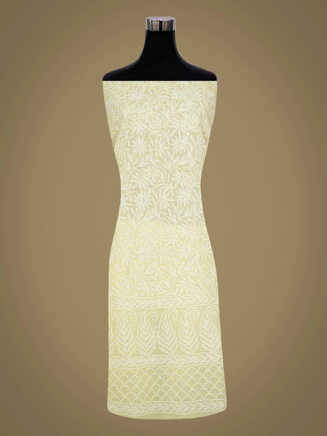 Ada Hand Embroidered Beige Kota Lucknowi Chikankari Unstitched Kurta Dupatta Set 01A751321