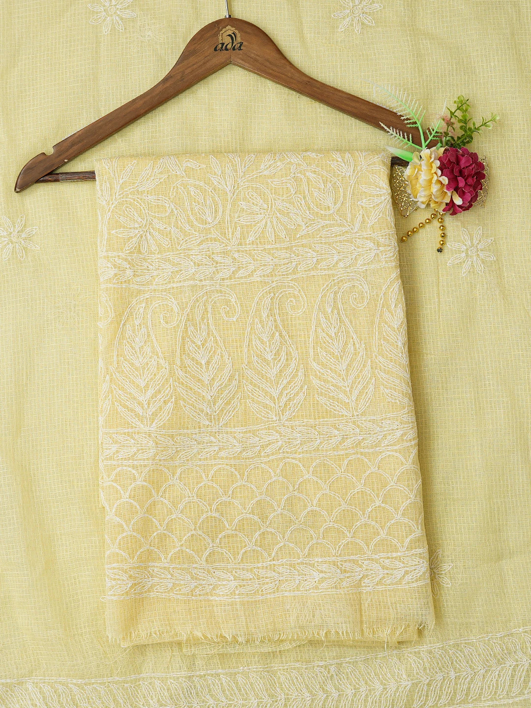 Ada Hand Embroidered Beige Kota Lucknowi Chikankari Unstitched Kurta Dupatta Set 01A751321