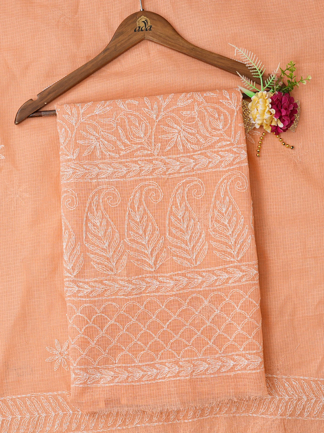 Ada Hand Embroidered Dusty Peach Kota Lucknowi Chikankari Unstitched Kurta Dupatta Set 01A751289