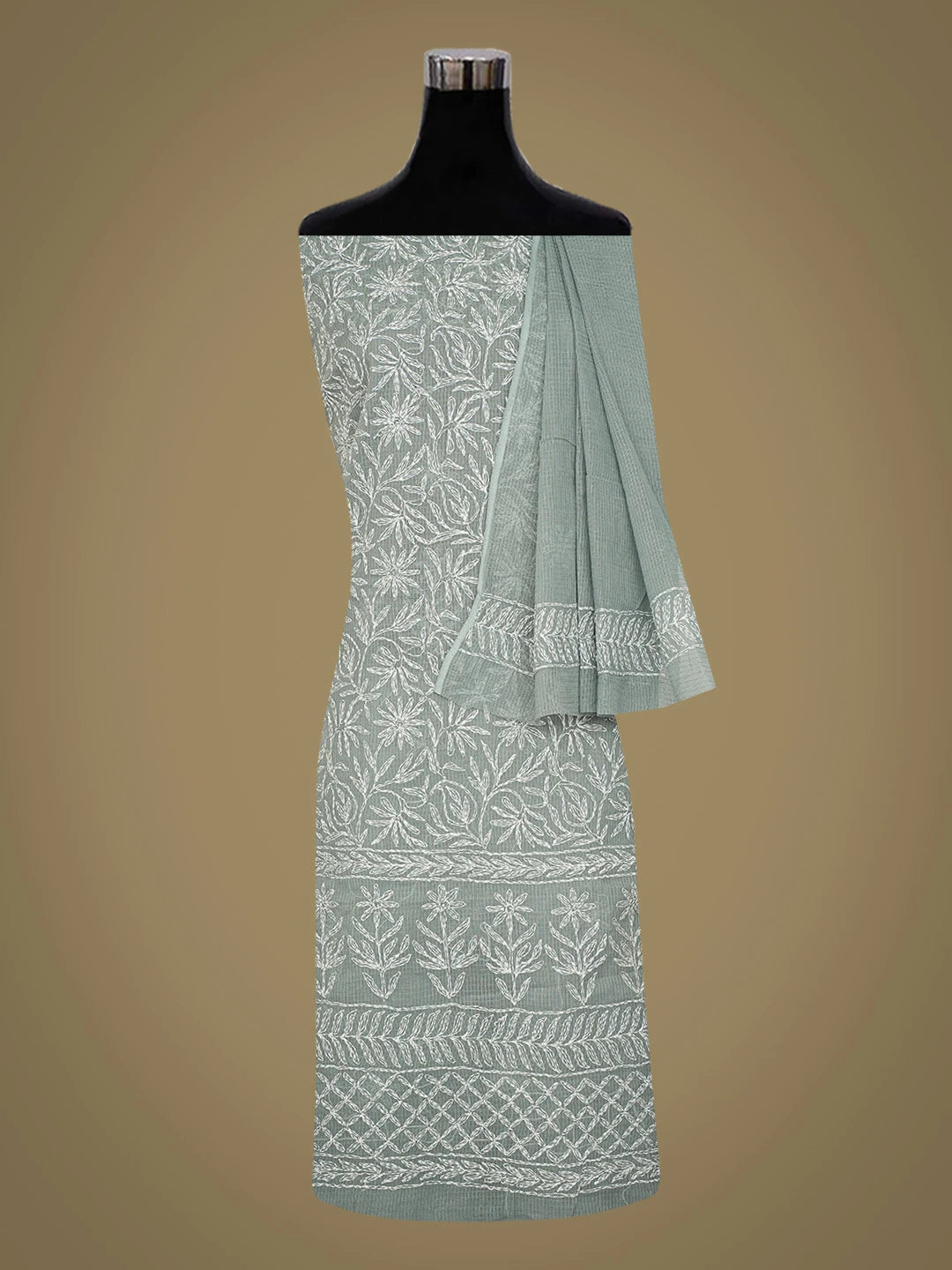 Ada Hand Embroidered Grey Kota Lucknowi Chikankari Unstitched Kurta Dupatta Set 01A751316