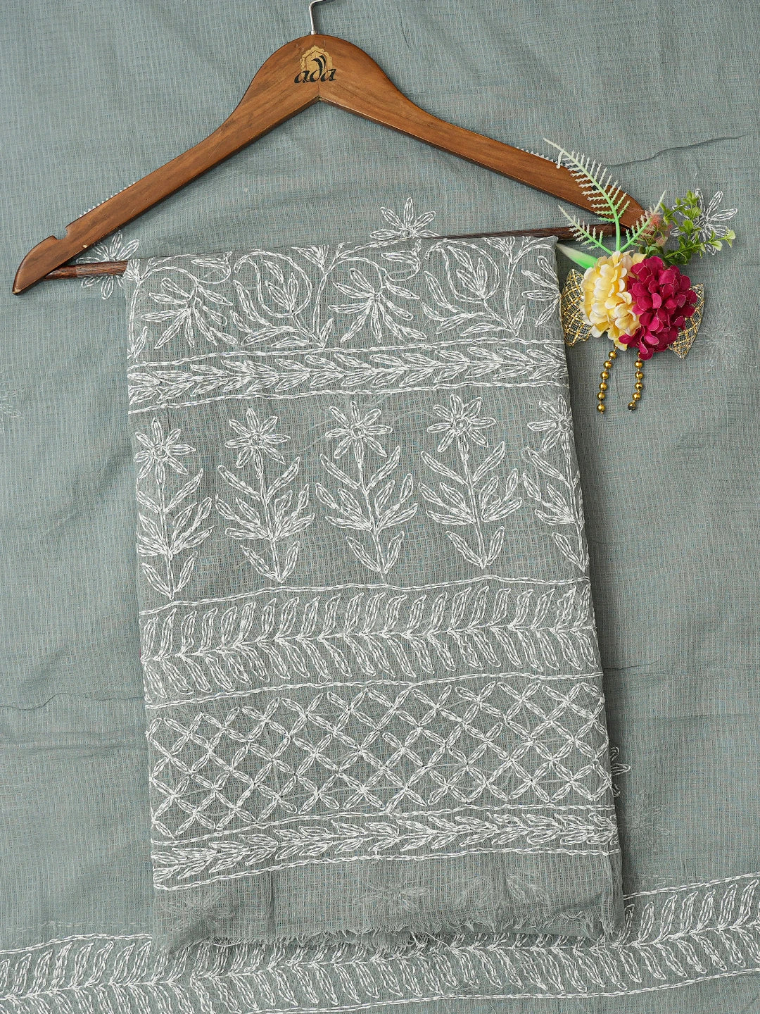 Ada Hand Embroidered Grey Kota Lucknowi Chikankari Unstitched Kurta Dupatta Set 01A751316