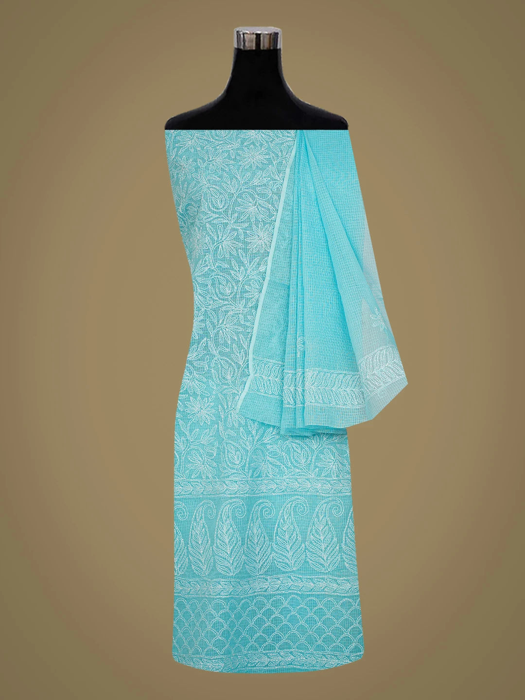 Ada Hand Embroidered Sky Blue Kota Lucknowi Chikankari Unstitched Kurta Dupatta Set 01A751295