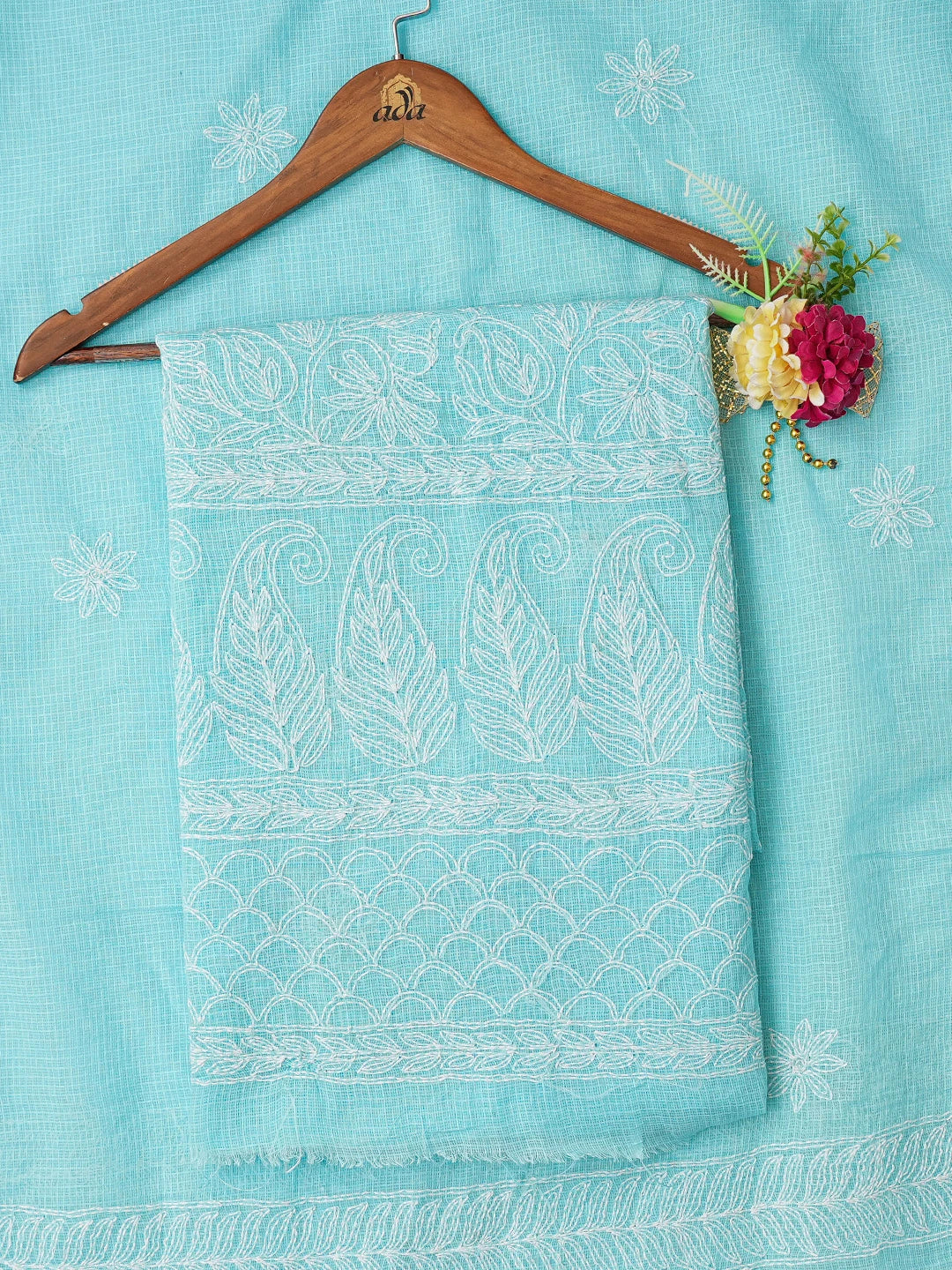Ada Hand Embroidered Sky Blue Kota Lucknowi Chikankari Unstitched Kurta Dupatta Set 01A751295