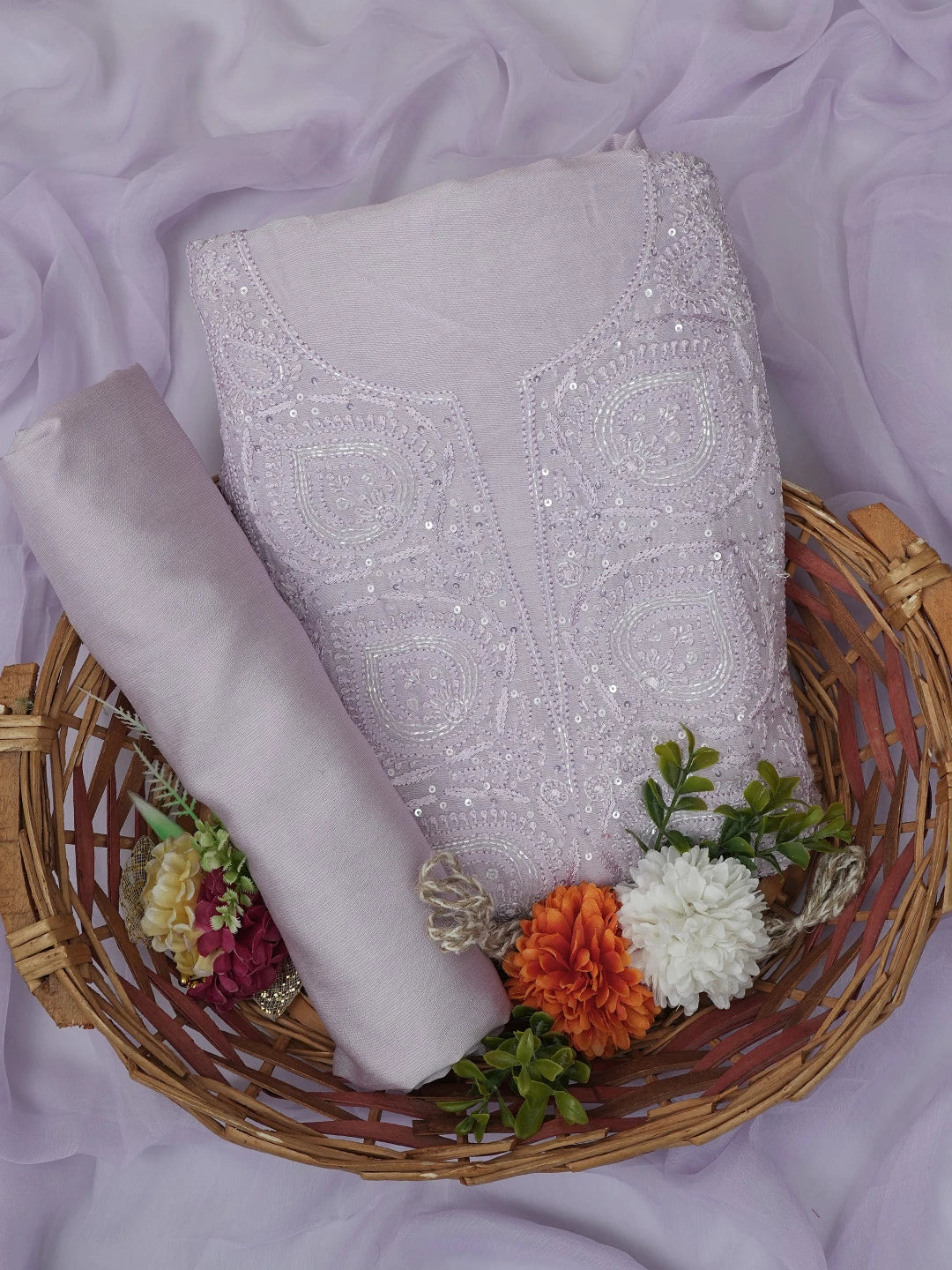 Ada Hand Embroidered Mauve Muslin Lucknowi Chikankari Unstitched Suit Piece With Cutdana Work 01A746188