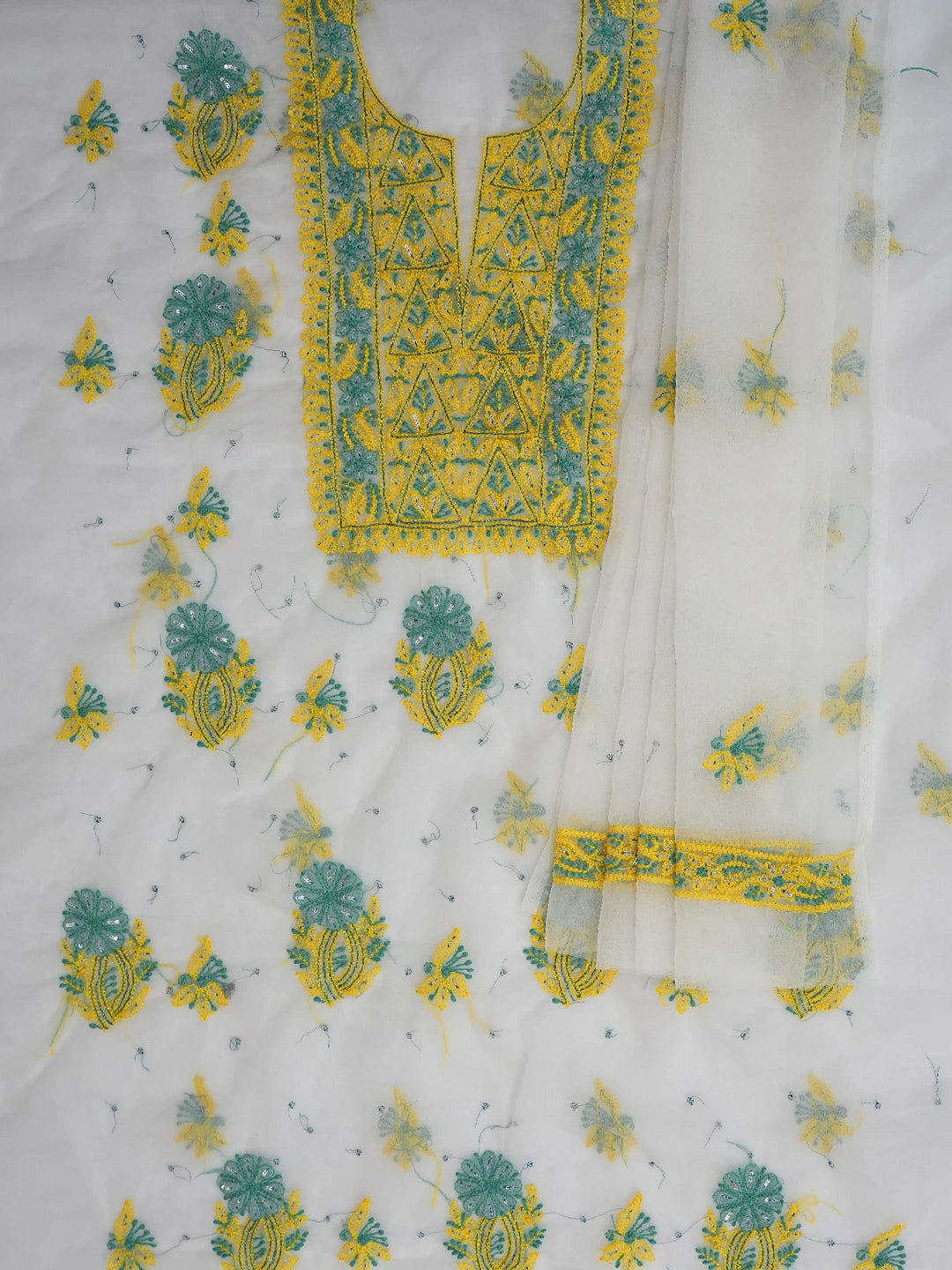 Ada Hand Embroidered White Organza Lucknowi Chikankari Unstitched Kurta Dupatta Set With Cutdana Work 01A745041