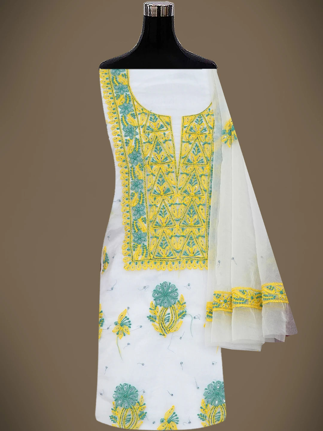 Ada Hand Embroidered White Organza Lucknowi Chikankari Unstitched Kurta Dupatta Set With Cutdana Work 01A745041