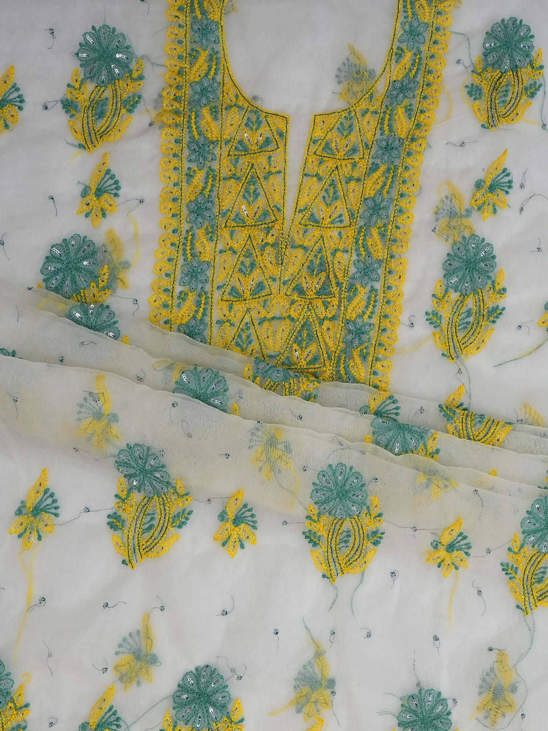 Ada Hand Embroidered White Organza Lucknowi Chikankari Unstitched Kurta Dupatta Set With Cutdana Work 01A745041