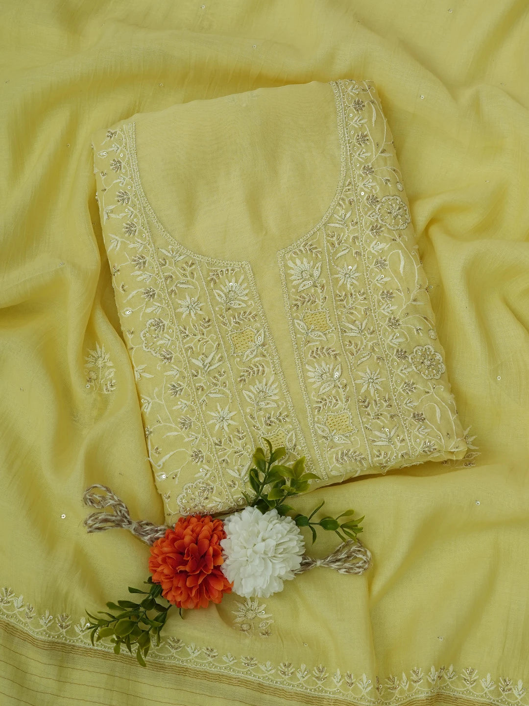 Ada Hand Embroidered Lemon Yellow Chanderi Lucknowi Chikankari Unstitched Kurta Dupatta Set With Cutdana Work 01A712217
