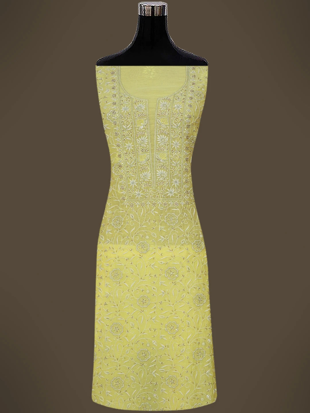 Ada Hand Embroidered Lemon Yellow Chanderi Lucknowi Chikankari Unstitched Kurta Dupatta Set With Cutdana Work 01A712217