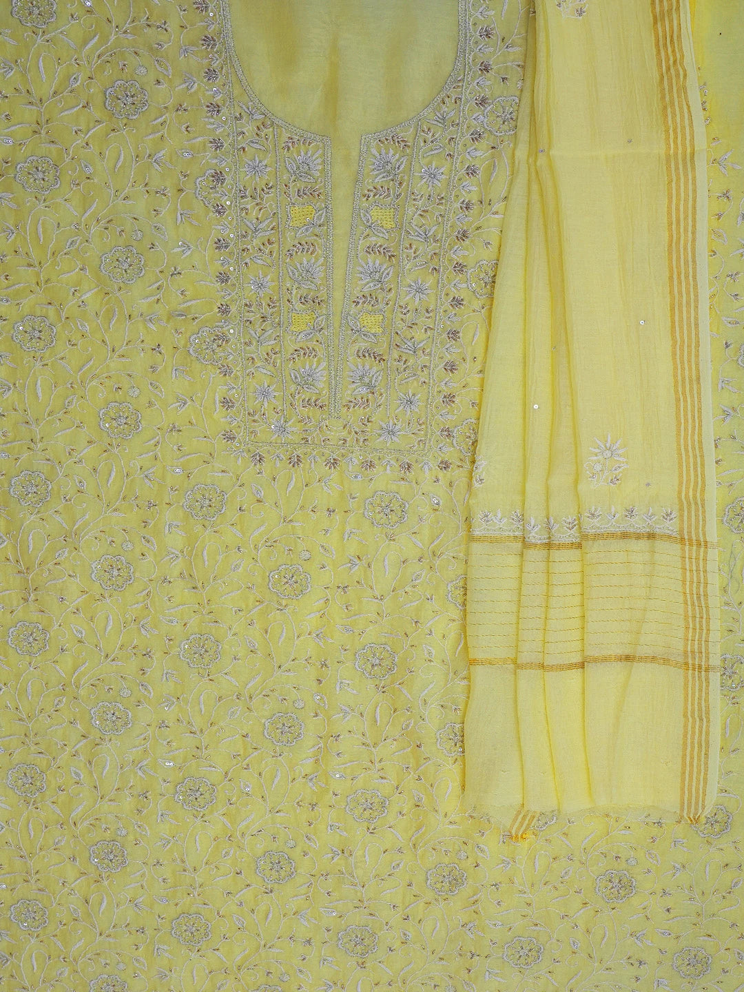 Ada Hand Embroidered Lemon Yellow Chanderi Lucknowi Chikankari Unstitched Kurta Dupatta Set With Cutdana Work 01A712217