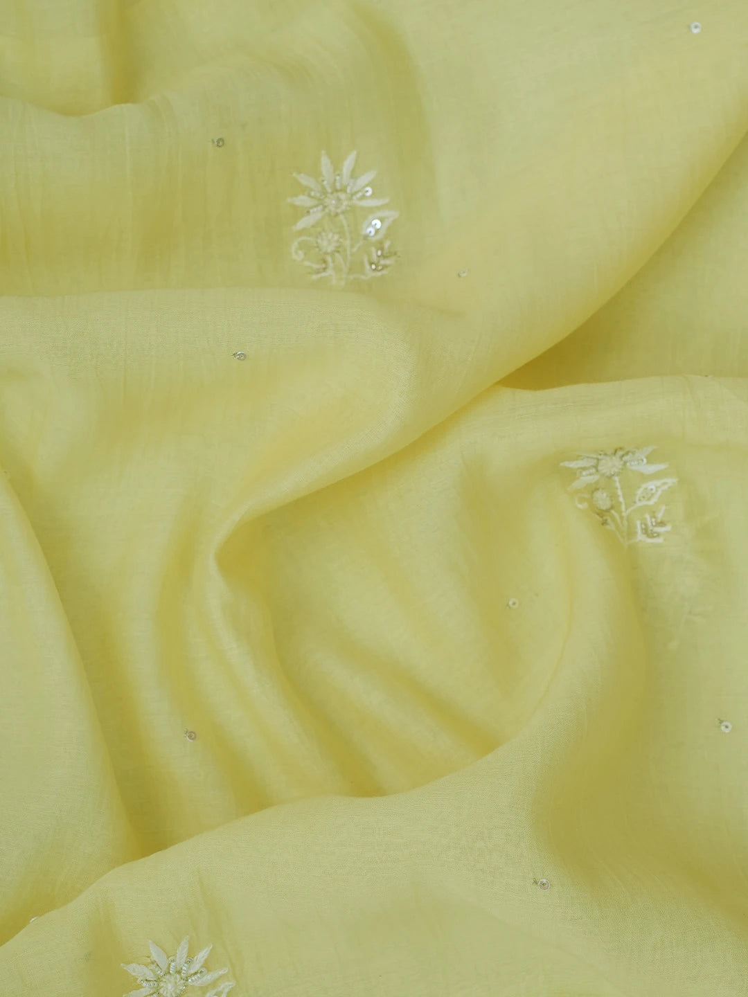 Ada Hand Embroidered Lemon Yellow Chanderi Lucknowi Chikankari Unstitched Kurta Dupatta Set With Cutdana Work 01A712217