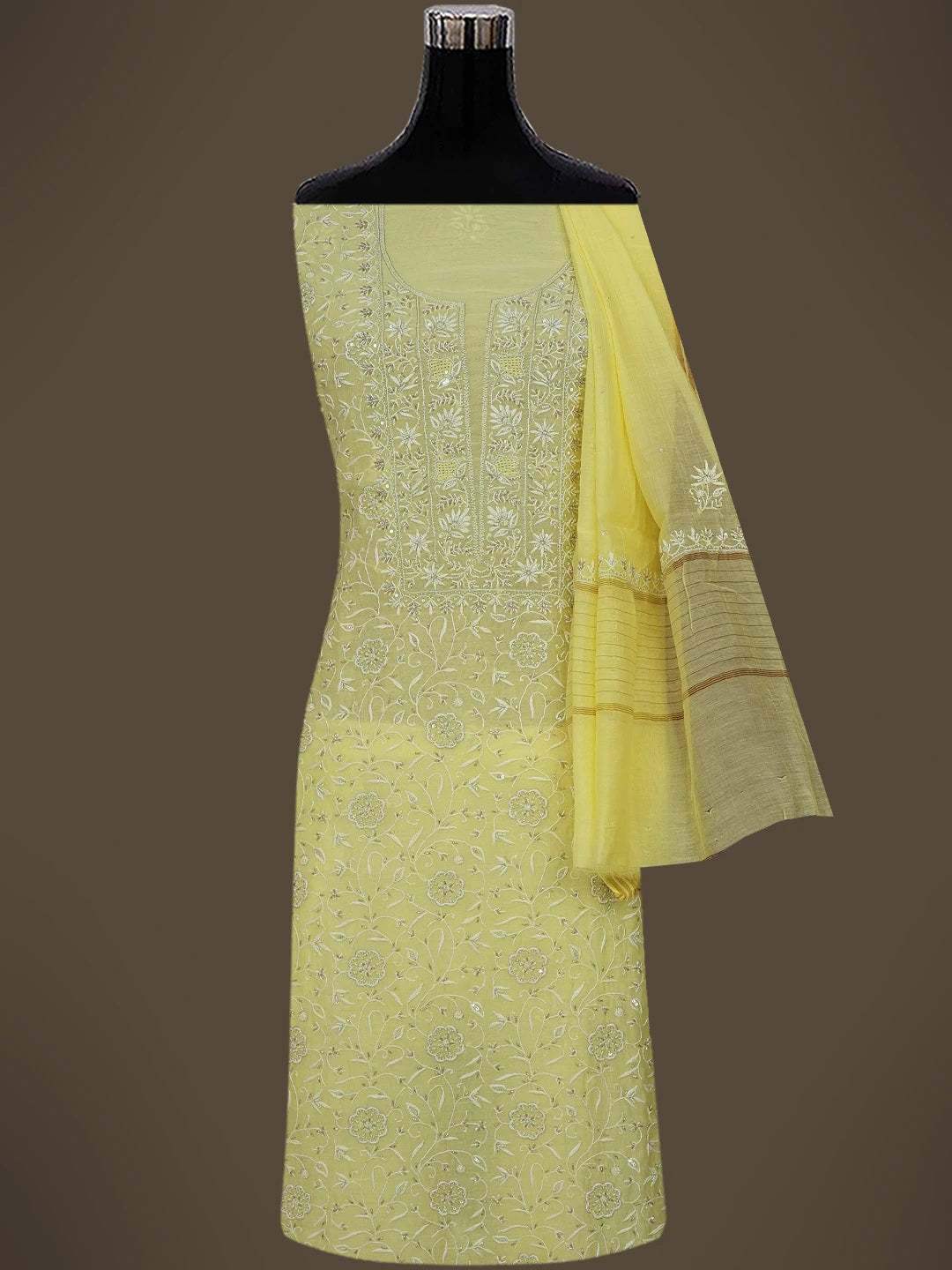 Ada Hand Embroidered Lemon Yellow Chanderi Lucknowi Chikankari Unstitched Kurta Dupatta Set With Cutdana Work 01A712217